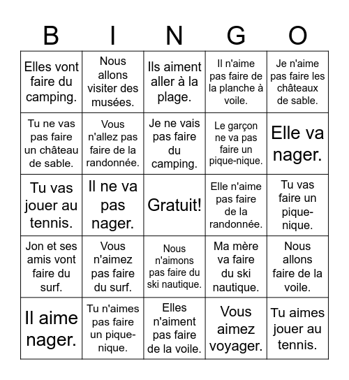 Les Activités d'Été Bingo Card