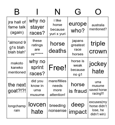 Uma Keiba Larpers autumn “drama” prediction Bingo Card