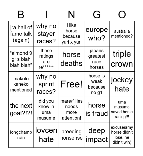 Uma Keiba Larpers autumn “drama” prediction Bingo Card