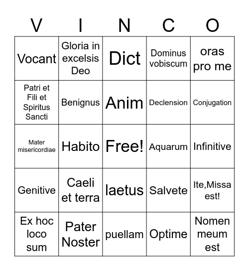 Latin Vinco! Bingo Card