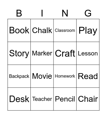 English class Bingo Card