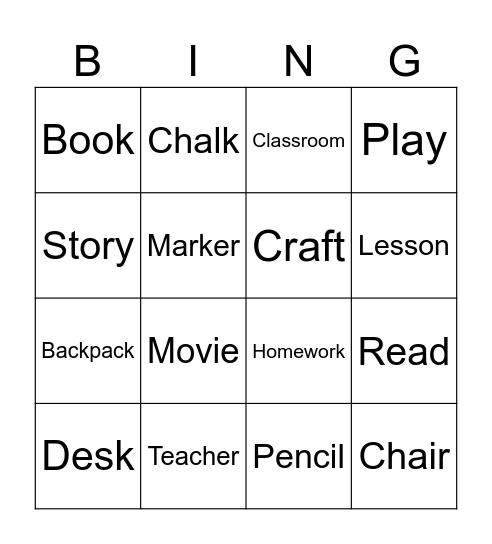 English class Bingo Card