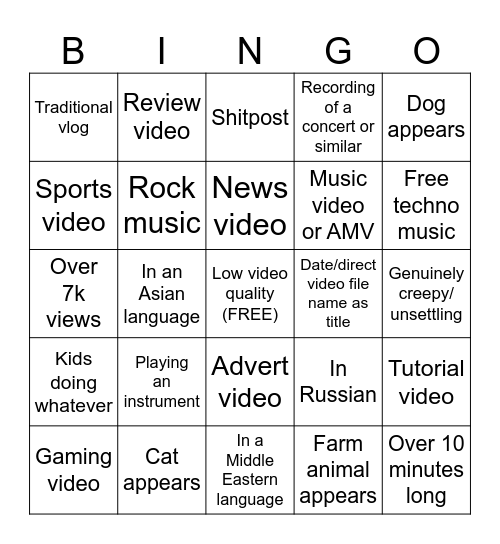 YouTube Randomizer Bingo Card