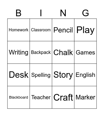 English class Bingo Card