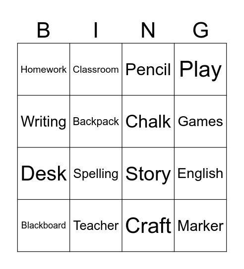 English class Bingo Card