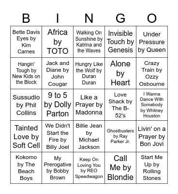 80s Music Bingo Card