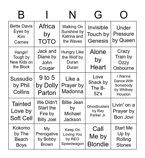 80s Music Bingo Card