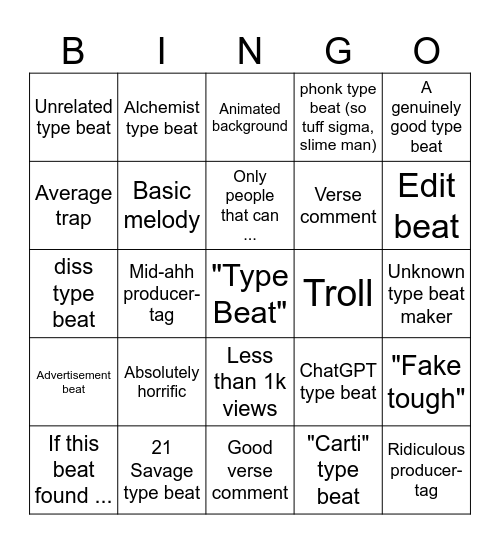 Type Beat Bingo Card