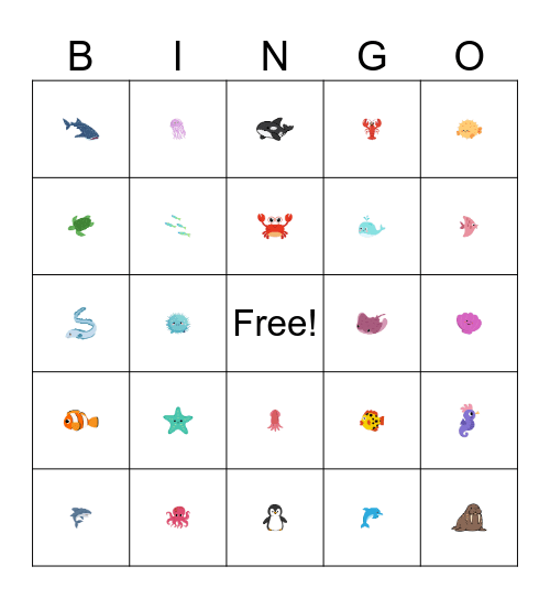Marine Animal Bingo Card