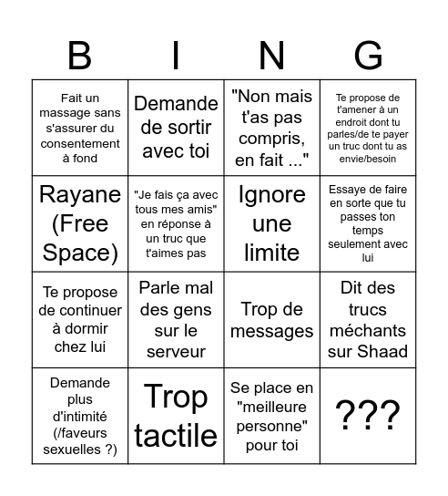 Rayane problèmes Bingo Card