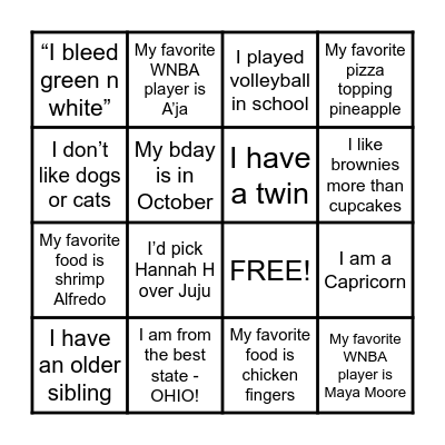Sisterhood Bingo Card