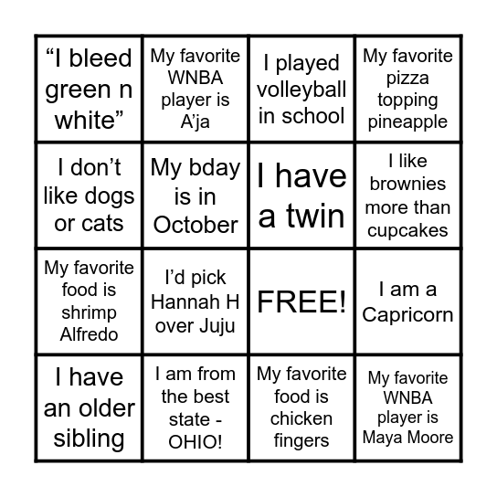 Sisterhood Bingo Card