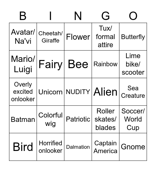 Fremont Naked Bike Ride Bingo Card