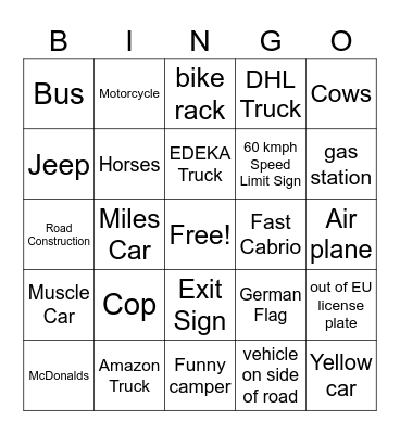 Road trip Bingo Card