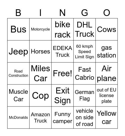 Road trip Bingo Card