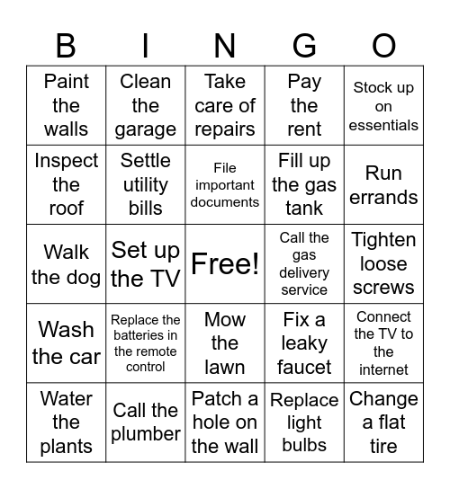 Housework Bingo Card