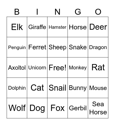 Animals Bingo Card