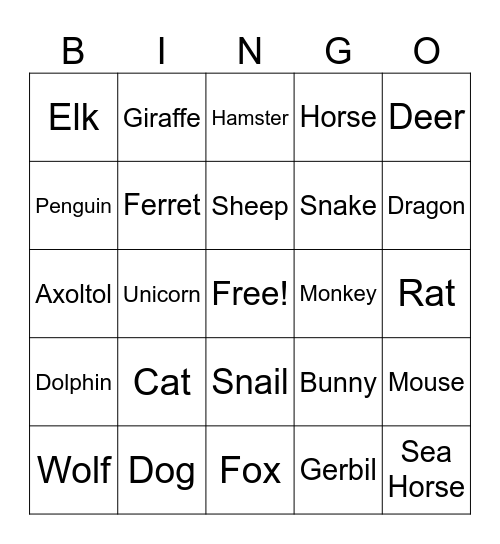 Animals Bingo Card