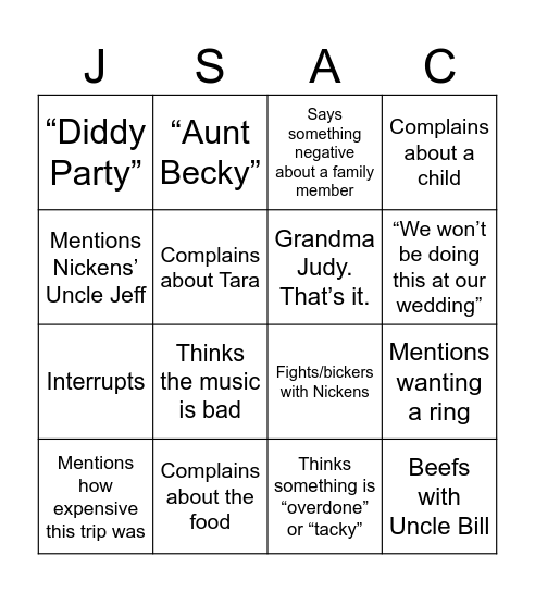 Wedding Bingo: Sam Edition Bingo Card