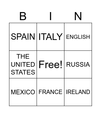 COUNTRIES AND NATIONALITIES Bingo Card