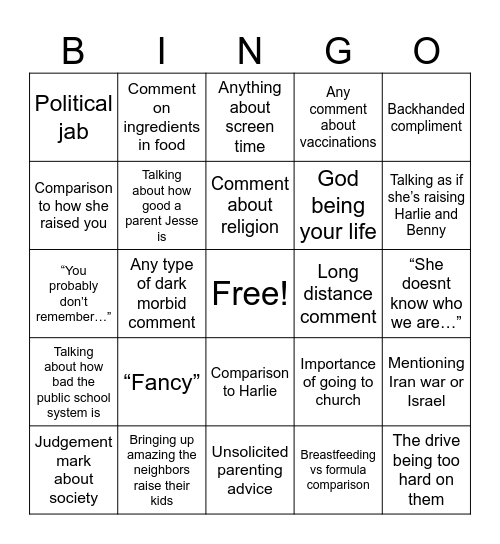 Passive Aggressive Bingo Card