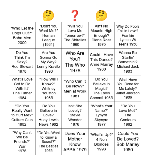 SONGS THAT ARE QUESTIONS Bingo Card