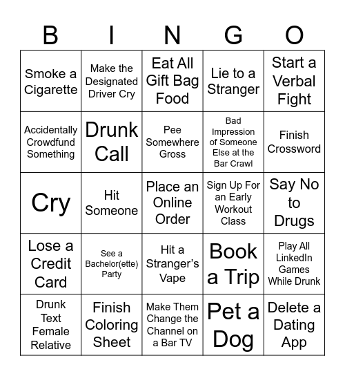 Bar Crawl Bingo Card