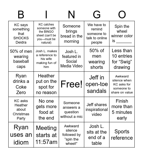 Culture Meeting Bingo Card