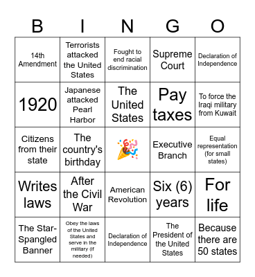 Citizenship Bingo 128Q Set 3 Bingo Card