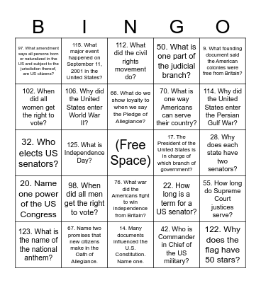 Citizenship Bingo 128Q Set 3 Questions Bingo Card