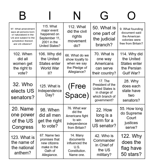 Citizenship Bingo 128Q Set 3 Questions Bingo Card