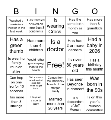 Morgan Family Bingo Card