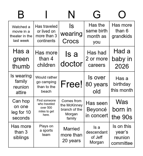 Morgan Family Bingo Card