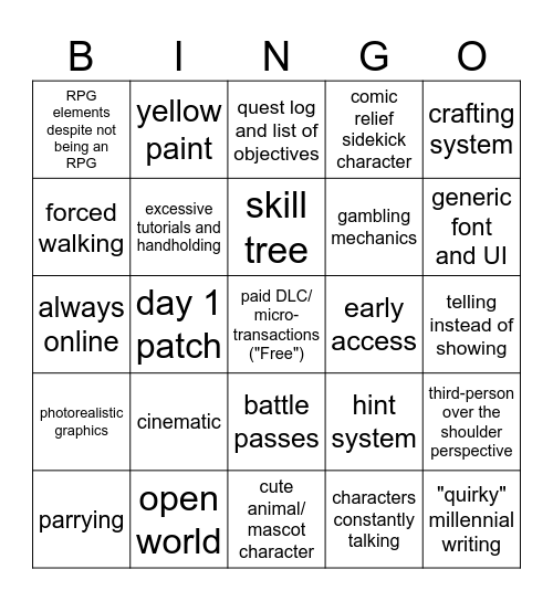 Modern AAA Game Bingo Card