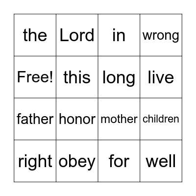 Ephesians 6:1-3 Bingo Card