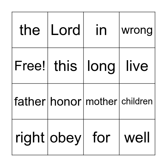 Ephesians 6:1-3 Bingo Card