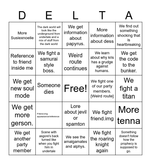 Deltarune chapter five bingo card Bingo Card
