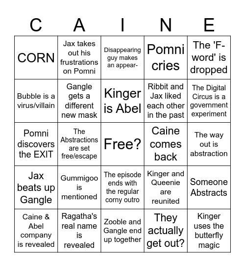 The Amazing Digital Circus Finale Bingo Card