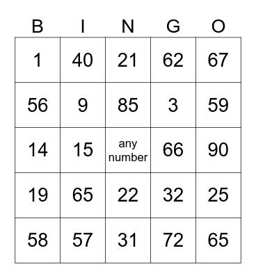 up to 90 Bingo Card