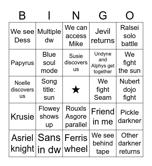 Deltarune Bingo Card