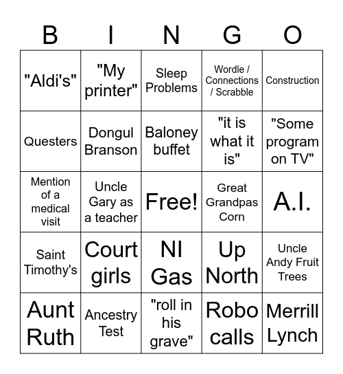 Phone Calls with Grammie Bingo Card