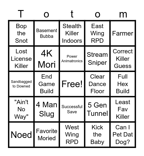 12 Hours of DBD Bingo Card