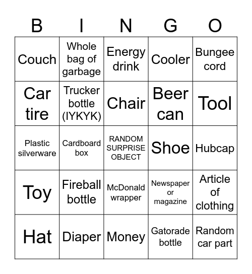 Roadside Rubbish Bingo Card