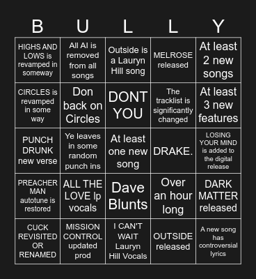 BULLY DELUXE Bingo Card Bingo Card