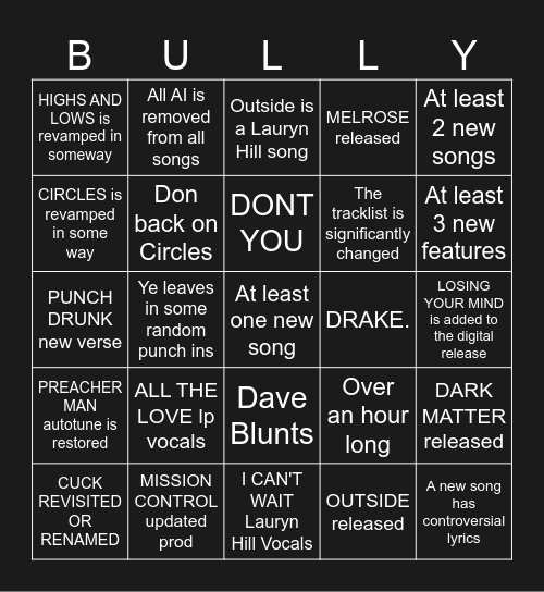 BULLY DELUXE Bingo Card Bingo Card