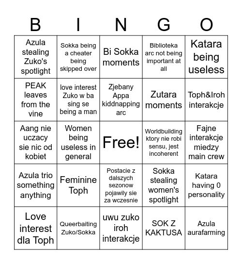 Avatar the legend of SLOP Bingo Card