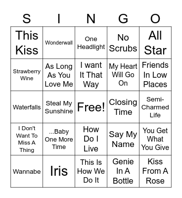 90s Singo 1 Bingo Card