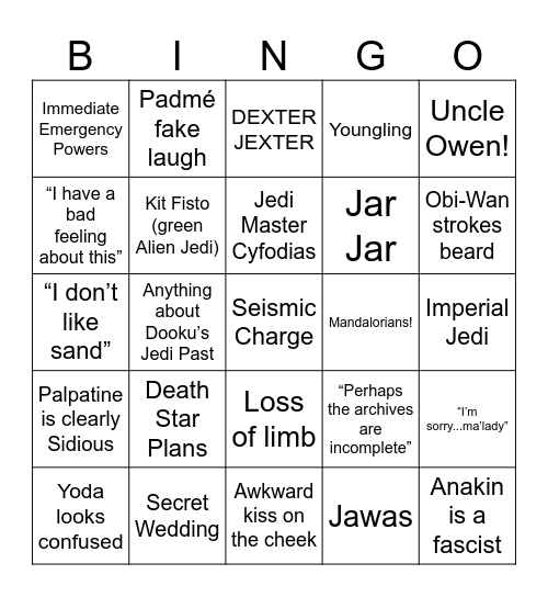 Attack of the Clones Bingo Card