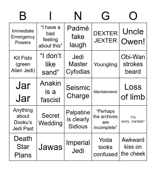 Attack of the Clones Bingo Card