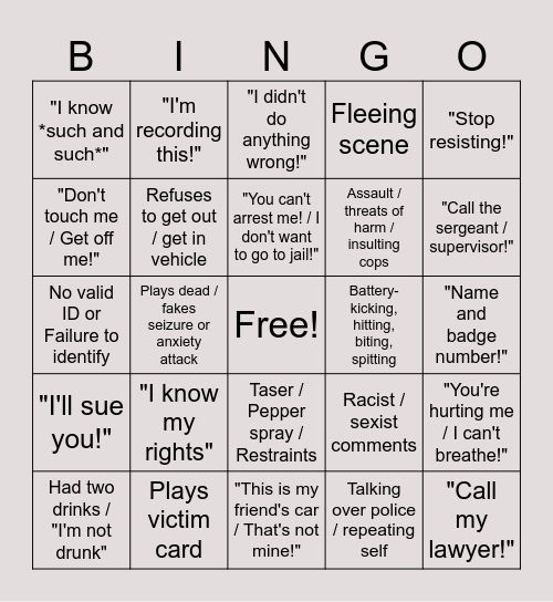 Karens vs. Cops Bingo Card